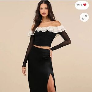 Lulu's Black and Cream Ruched Off-Shoulder Blouse